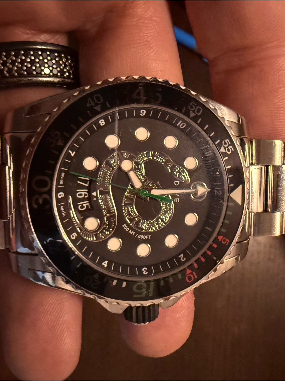 Gucci Black and Silver Dive-Style Watch with Green Accents